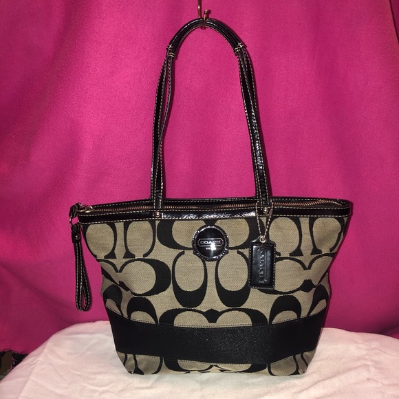 Coach Signature Stripe Gray/Black Tote - Picture 1 of 6